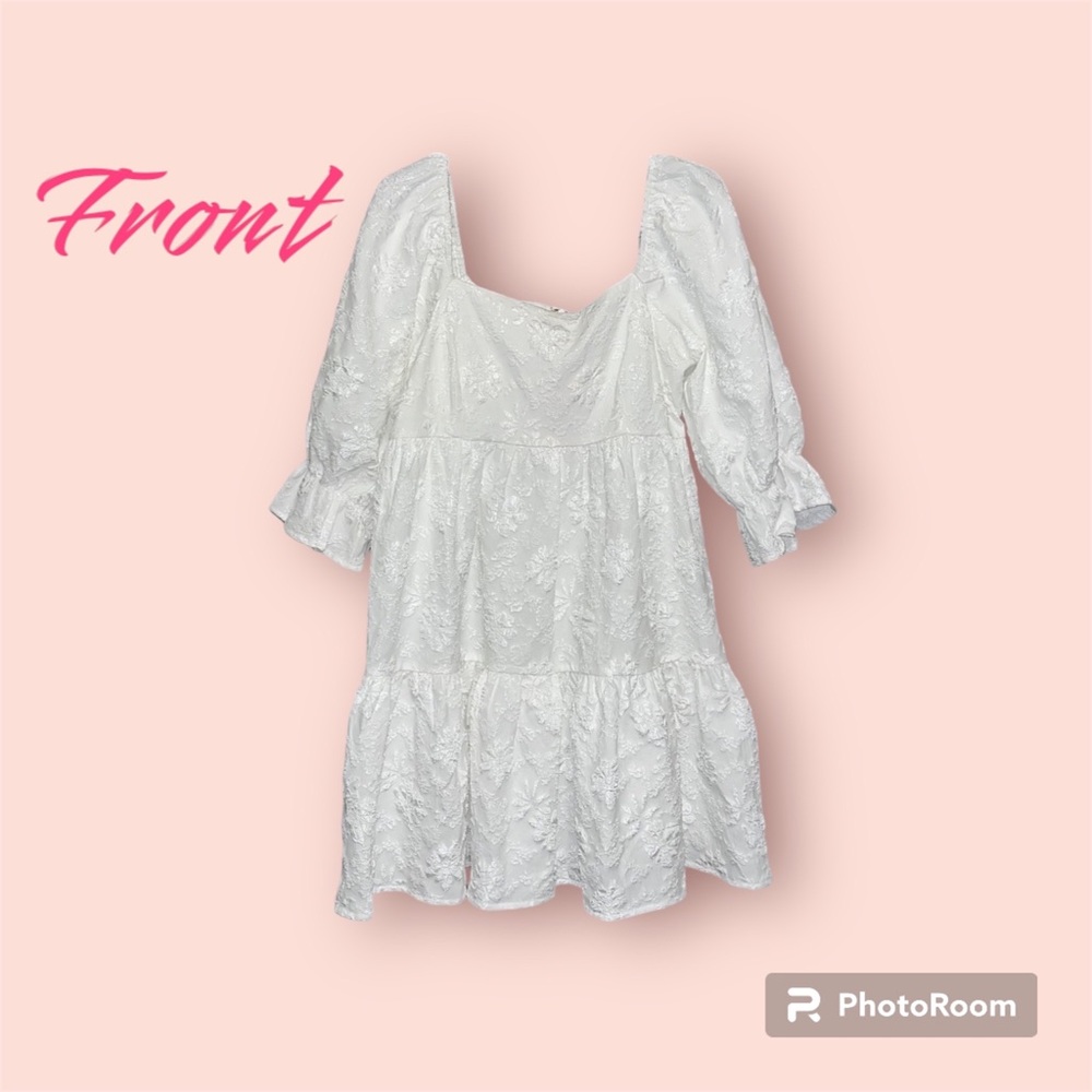 Entro white babydoll dress with puff sleeves floral pattern + texture size large